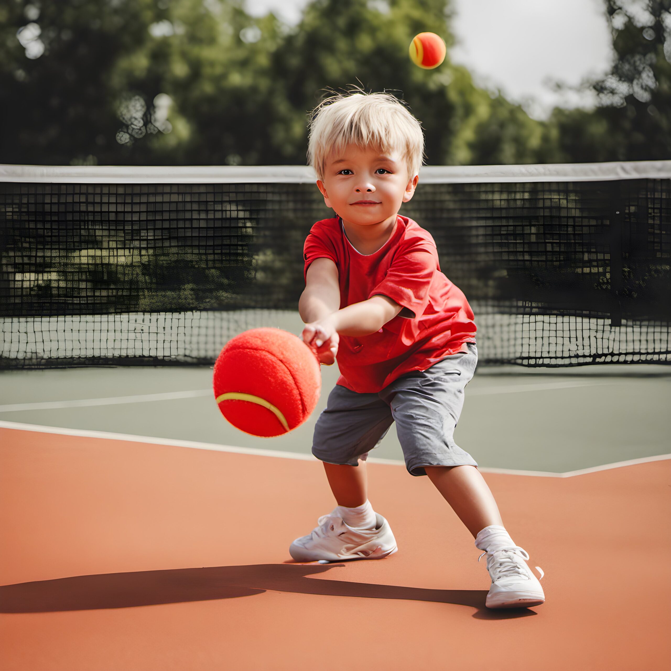 A young child mini tennis red ball